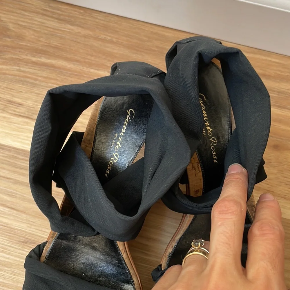 Gianvito Rossi wide black strap Cork wedges size 38